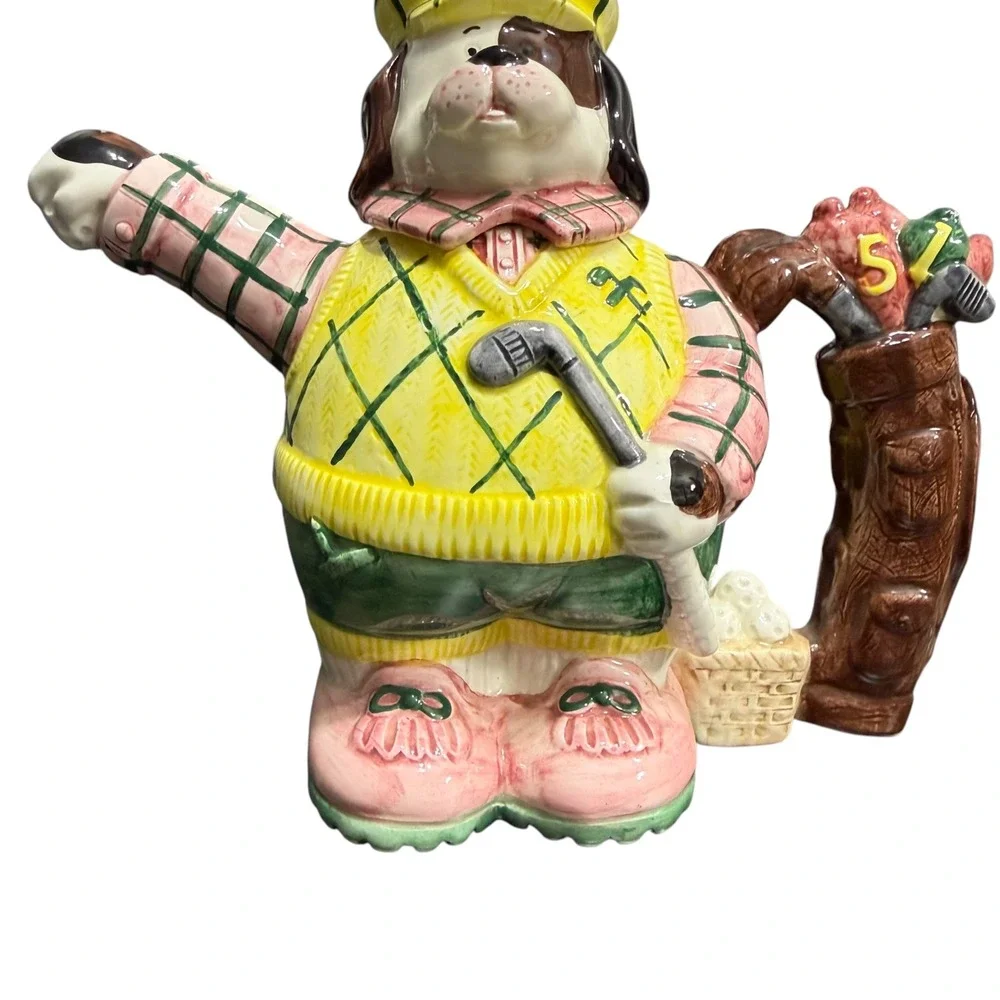 Omnibus OCI 1993 Golfer Dog Ceramic Teapot Hand Painted 17 oz Vintage